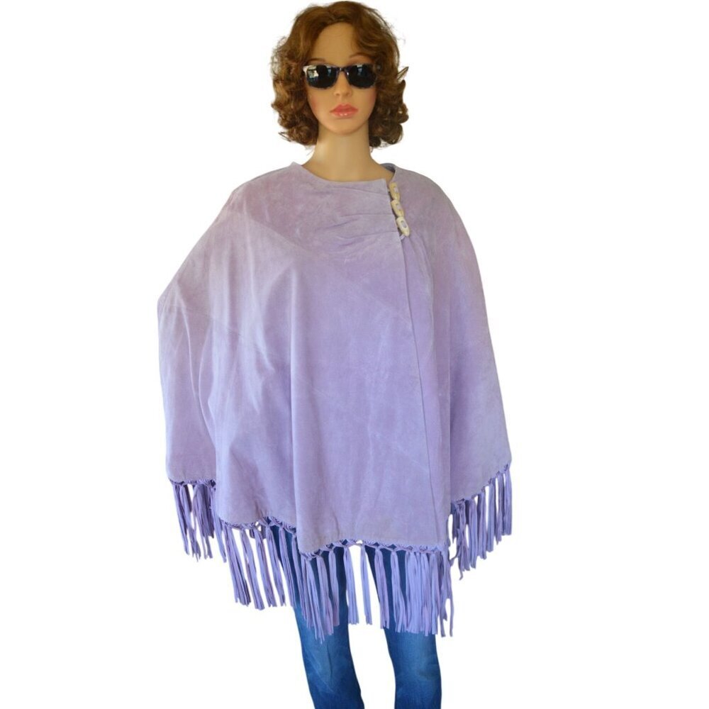 New Jerry Lewis Purple Suede Leather Fringe Poncho Women Missy One Size Vintage